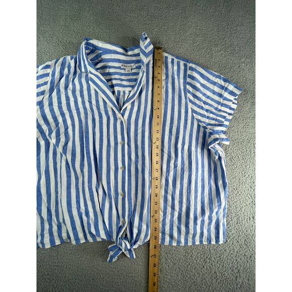 Ava & Viv Shirt Womens 2X Blue Cap Sleeve Button Up Linen Striped Crop NWOT - Picture 3 of 7